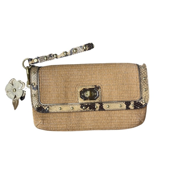COACH CLUTCH Straw Python Leather Trim Tan Natural Brown Animal Print Wr… - Picture 2 of 14